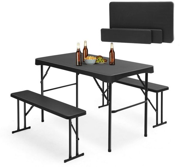 Sekey Garten-Essgruppe 3-teilig Bierzeltgarnitur Klappbar Biertisch Esstisch Set mit 2 Bänken, Klappbar Biertisch Set für 4 Personen, Festzeltgarnitur, Schwarz