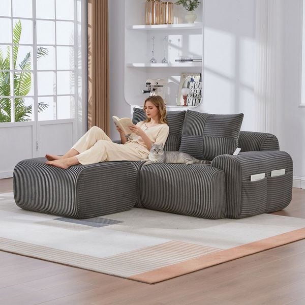 Odikalo Ecksofa Modulares Sofa mit Schlaffunktion, Eckcouch mit 2 Hockern, U Form, Modulares Cordsofa für 3 Personen (mit 2 Hockern), frei kombinierbar, inklusive Getränkehalter und seitlicher Aufbewahrungstasche, ideal für Wohnzimmer, Familienzimmer u...