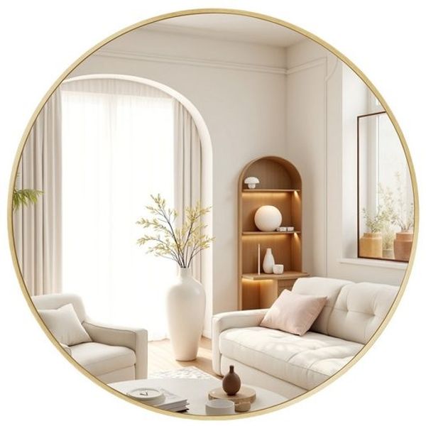 SONGMICS Wandspiegel, Spiegel rund, Metallrahmen, 80 cm d, für Bad, Wohnzimmer, Schlafzimmer, Flur, gold