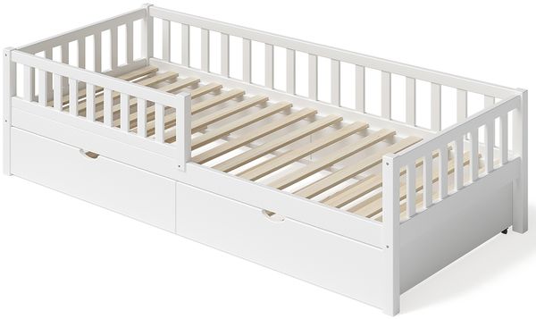 Bellabino 'Vils' Kinderbett 90x200 cm mit Gästebett 90x190 cm und 2 Matratzen, weiß, Kiefer Massivholz, Montessori Bett mit Ausziehbett, mit abnehmbarem Rausfallschutz und Lattenrost Bild 2