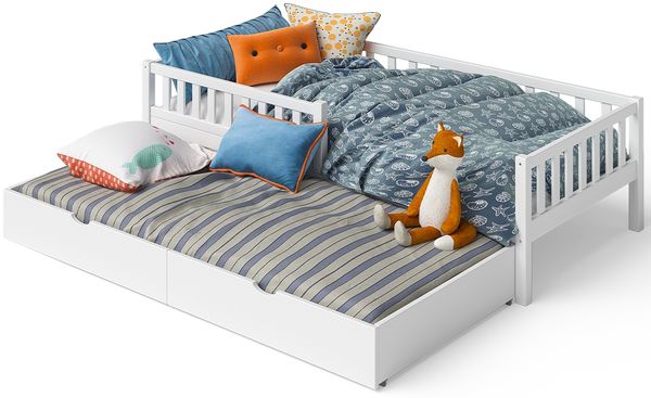 Bellabino 'Vils' Kinderbett 90x200 cm mit Gästebett 90x190 cm und 2 Matratzen, weiß, Kiefer Massivholz, Montessori Bett mit Ausziehbett, mit abnehmbarem Rausfallschutz und Lattenrost Bild 12