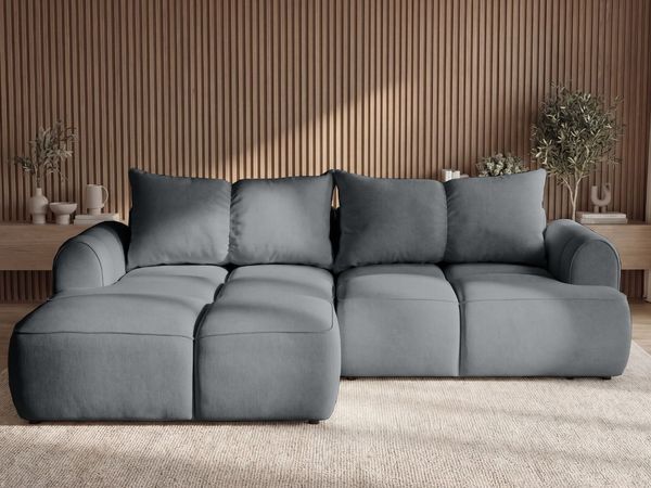 GRAINGOLD Ecksofa Boono, Sofa L-Form mit Schlaffunktion, Eckcouch für Wohnzimmer, Velour-Stoff, Grau, Links