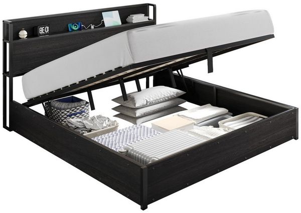 AMERLIFE Bett Doppelbett, Jugendbett mit hydraulischem Stauraum, USB & Steckdosen (1-tlg, Ohne Matratze), Industrie-Design, 140x200 cm