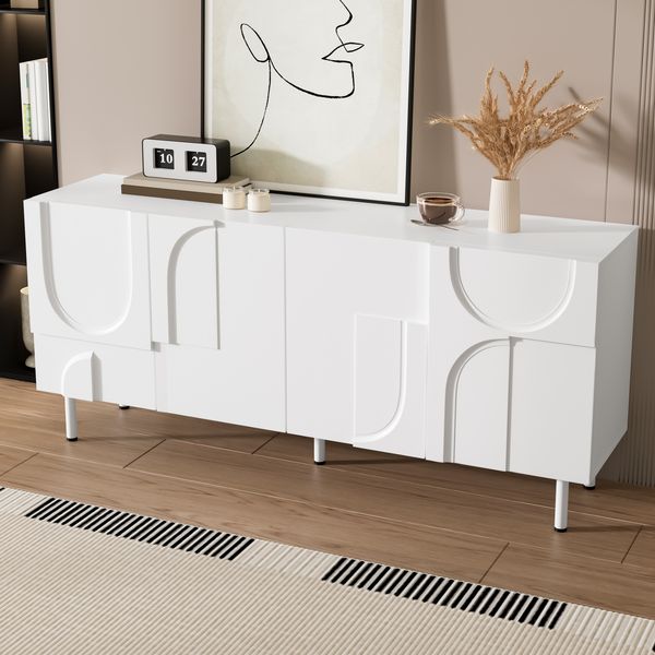 Sideboard 160 cm Weiß, modernes geometrisches Design, Aufbewahrungsschrank mit viel Stauraum, leisen Scharnieren, Metallfüßen