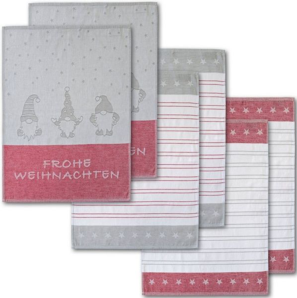 Dyckhoff Geschirrtuch Wichtel, mit Schriftzug Frohe Weihnachten, Streifen und Sternen, (Set, 6-tlg), mit 3 verschiedenen Motiven, Maße je Tuch ca. 50x70 cm, 100% Baumwolle