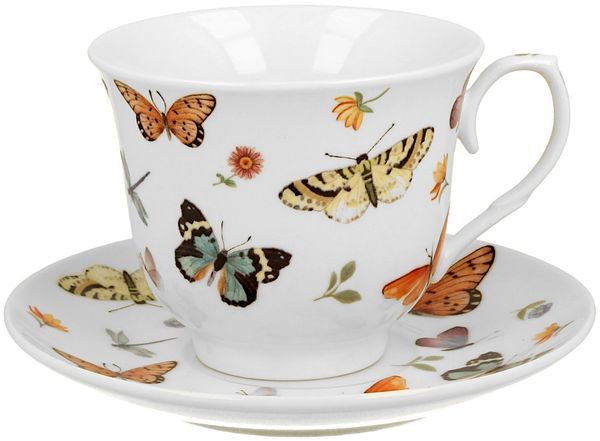 DUO CROCUS Kollektion Tasse 250 ml BUTTERFLIES mit Untertasse, New Bone China Porzellan
