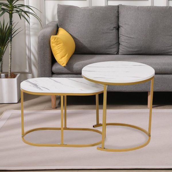 Happy Home Beistelltisch Satztisch Couchtisch Beistelltisch 2 tlg. Marmor Weiß Dekor