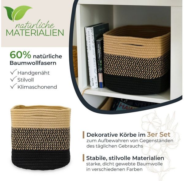 HMF Aufbewahrungskorb Aufbewahrungskorb mit versteckten Griffen, für Kallax Regal geeignet (Set, 3er), Korb handgenäht aus Baumwolle, 37,5 x 25 x 22,5 cm, Schwarz-Honig