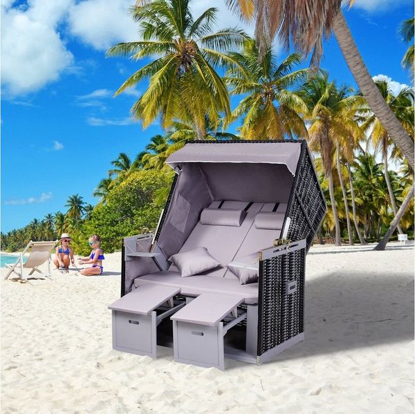 Outsunny Strandkorb Doppelte Sonnenliege mit Dach, BxTxH: 118x190x150 cm, Halblieger, (Volllieger, 10-tlg, Gartenliege), 2-Sitzer, inkl. Klapptisch