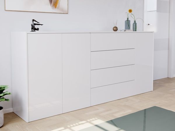 Sideboard Impulse 200cm 3 Türen 4 Pushauszüg Weiß Hgl : Weiss hochglanz