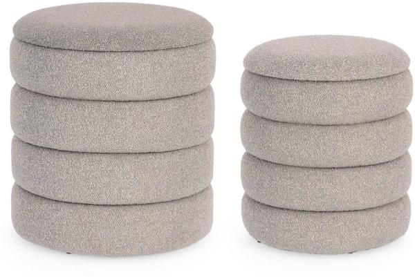 Pouf Katerina 2er-Set aus Boucle-Stoff, Hellgrau, 34x34x39 / 40x40x45 cm