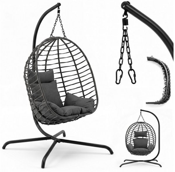 Sekey Hängesessel mit Gestell Hängekorb Sessel Rattan klappbarer Hängestuhl als Schaukel, Outdoor und Indoor Garten, Balkon bis 150 kg belastbar mit Kissen