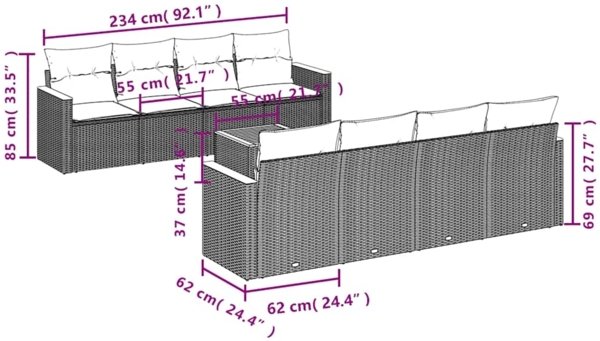 vidaXL 9-teiliges Gartensofa-Set mit Kissen, grau, Polyrattan 3225823 Bild 6