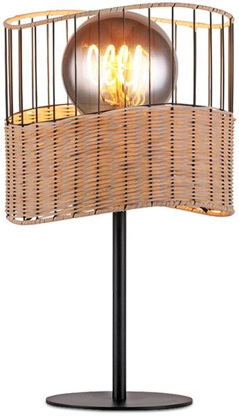 LED Tischleuchte, Metall, schwarz, Holzgeflecht, E27, H 42 cm