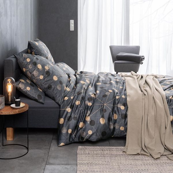Estella Mako-Satin Bettwäsche 135x200 Noah graphit Punkte schwarz beige 7279-840