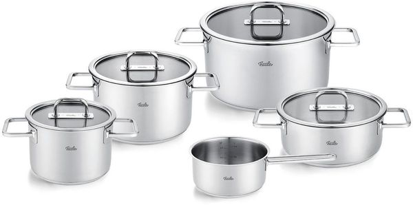 Fissler Topf-Set Viseo® Pro, Edelstahl 18/10 (Set, 9-tlg, 3 Kochtöpfe & 1 Bratentopf mit Deckel, 1 Stielkasserolle), 9-teiliges Edelstahl-Topfset mit Superthermic Boden
