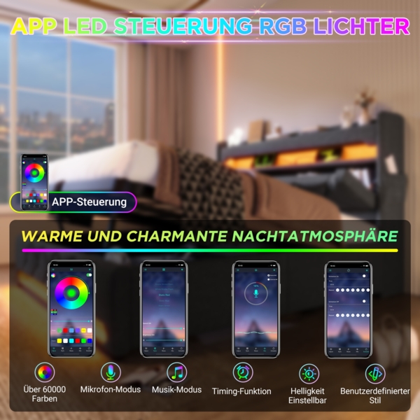 Polsterbett 140x200 cm aus Leinen mit Stauraum, LED-Beleuchtung und Ladefunktion Bild 6