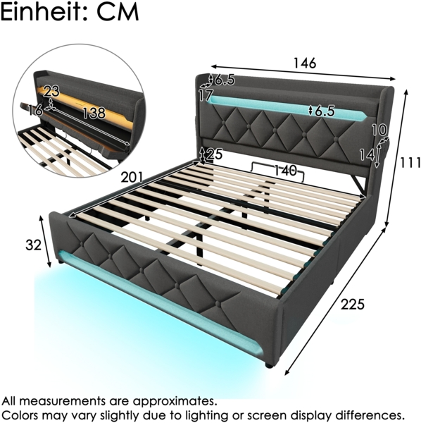 Polsterbett 140x200 cm aus Leinen mit Stauraum, LED-Beleuchtung und Ladefunktion Bild 8