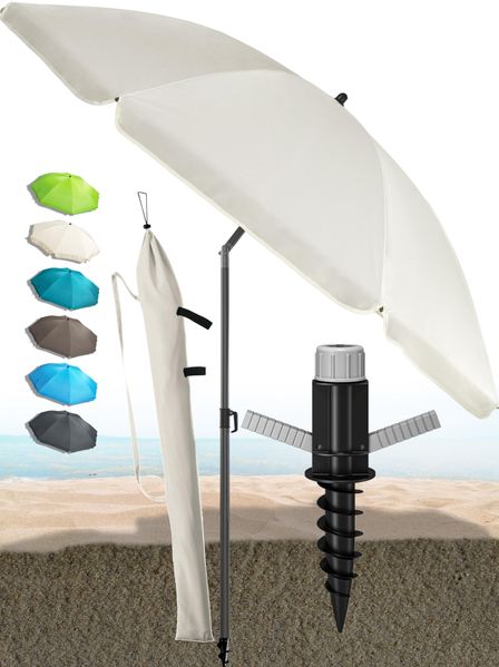 Menz Sonnenschirm Strand in Beige - Komplettes 3er-Set inkl. robustem Sonnenschirm + solider Bodenhülse + langlebiger Schutzhülle, Strandschirm windfest stabil, Strandschirm mit UV50+ Schutz