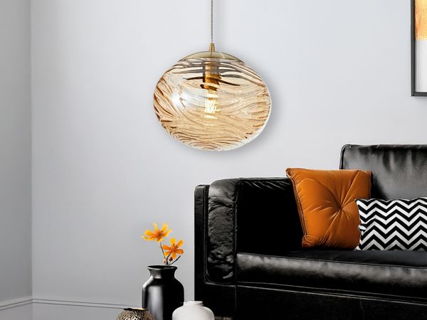 LED Pendelleuchte Glaskugel Wellenmuster Champagner, Ø 24,8cm