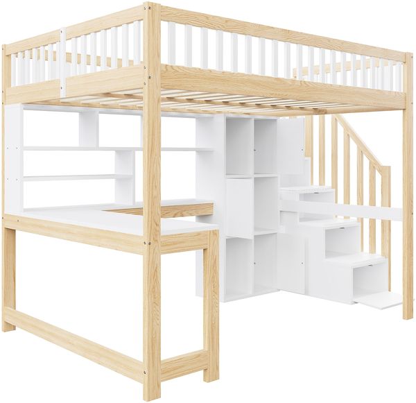 Hochbett 140×200 cm mit Ablageleiter, Schreibtisch und LED-Beleuchtung, Weiß/Natur, ohne Matratze Bild 10