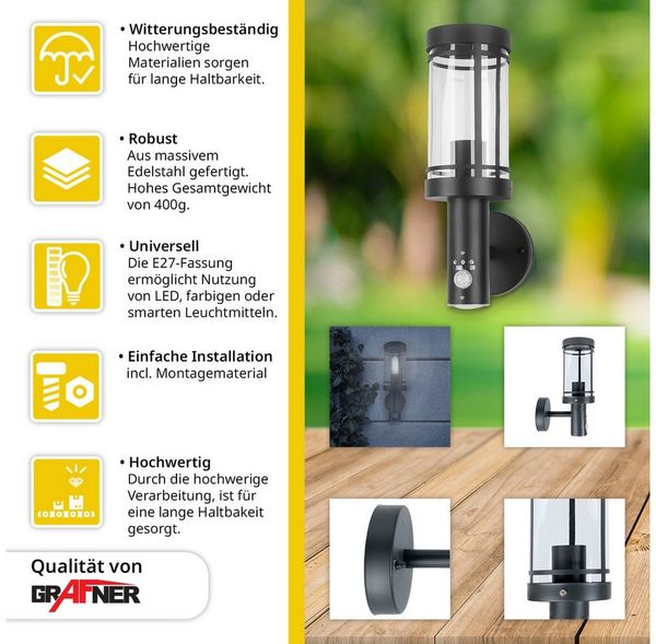 Grafner® Edelstahl Wandlampe mit Bewegungsmelder Anthrazit WL11003 Wandleuchte