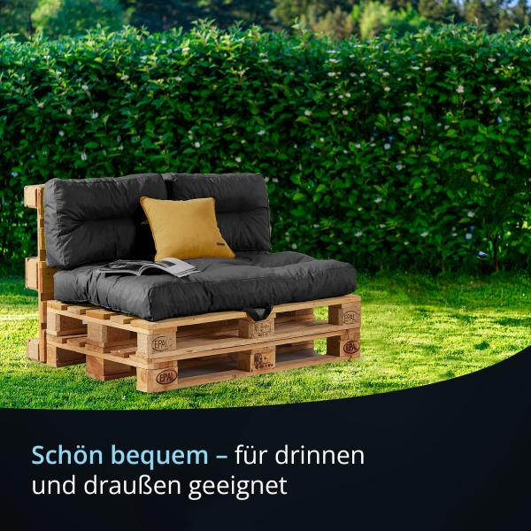 KHG Palettenkissen 3er Set in Anthrazit Bankauflagen Outdoor 3-teilig 1 Sitzkissen 128 x 80 x 15 cm & 2 Rückenkissen 58 x 38 x 13 cm, wasserabweisender Polyester-Stoff, 8kg