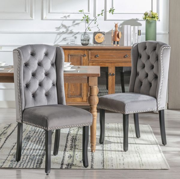 Esszimmerstuhl 2er Set 100cm×61cm×45cm in Grau aus Samt mit Massivholzbeinen