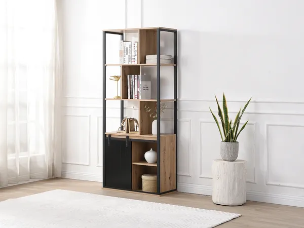 Vente-unique - YALENA Bookcase Holz, PlatteMetallHolz, Platte SchwarzBeige - B 35 cm x H 180 cm x L 80 cm