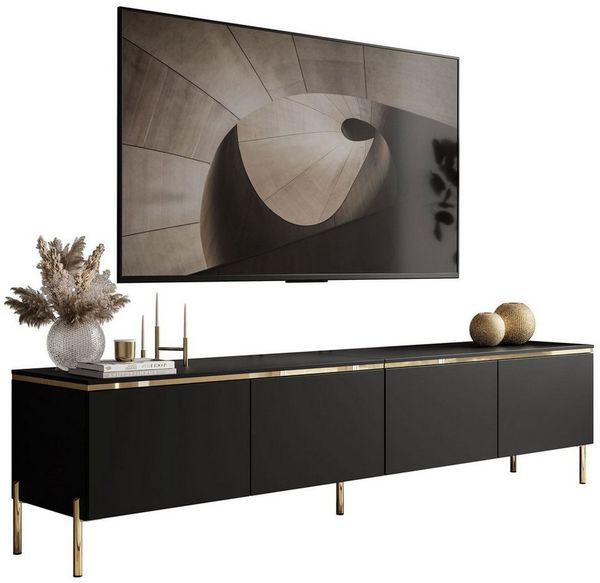 Lookway TV-Schrank CELINE Schwarz Matt auf goldenen Füßen mit LED-Beleuchtung Breite: 200 cm