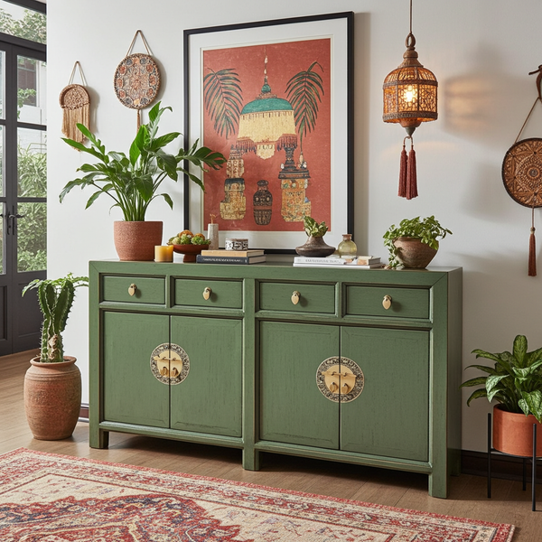 Chinesisches Sideboard Oliv Messingbeschlag vintage schlicht Schrank Kommode Kolonial-Stil Antik-Stil Lowboard asiatisch orientalisch Fernost shabby-chic Landhaus