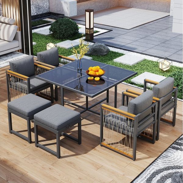 Merax Sitzgruppe aus Polyrattan, Akazienholz & verzinkten Eisenrahmen, (7-tlg, Gartengarnitur), 6-Sitzer Gartenlounge Gartenmöbel Essgruppe mit Tisch, Hocker & Sessel