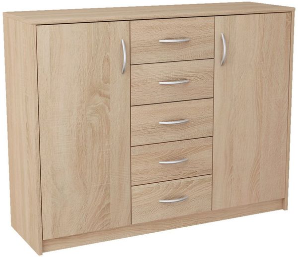 Home Collective Kommode mit 5 Schubladen und 2 Türen in matter Ausführung, Kommode 110cm breit (mit hochwertigen Polymergriffen, aus laminierter Platte gefertigt, Metallrollen mit Auszugsstopp), Holz Schrank Sideboard Highboard Kommode mit Schubladen s...