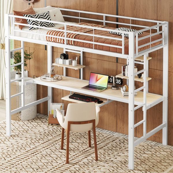 Hochbett mit Schreibtisch, Regal, Rausfallschutz und Lattenrost, 90x200 cm, Metallbett, Kinderbett