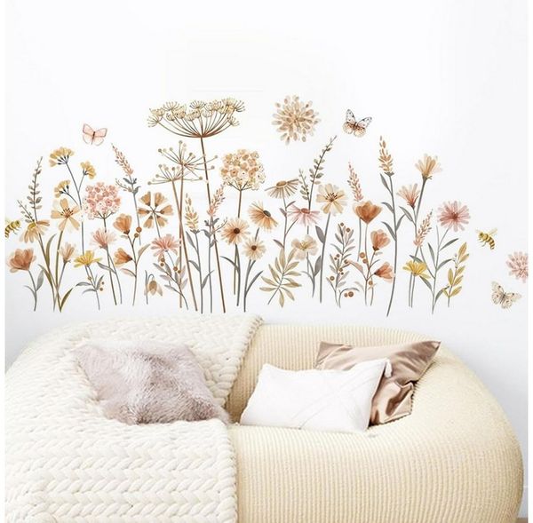 BlingBin Wandtattoo Boho Wandaufkleber Wildblume Löwenzahn Schmetterlinge Löwenzahn (2er Set, 2 St, 2pcs), Wandsticker Schlafzimmer Wohnzimmer Sofa Hintergrund Wanddeko