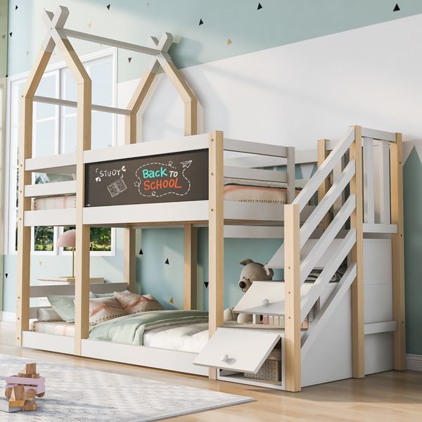 Merax Etagenbett, Hochbett, Kinderbett Baumhaus inkl. Tafel Bett mit Speicherung und Rausfallschutz 90 x 200 cm, 2x Lattenrost- Natur & Weiß(ohne Matratze)