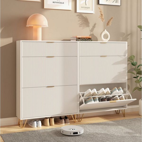 FUROKOY Schuhschrank Weiß Schuhregal Schuhkipper mit 2 Klappen und Kippsicherung (Schmal Schrank Schuhkommode, für 36 Paar Schuhe) für Eingangsbereich, Flur, 80 x 24 x 118.5 cm