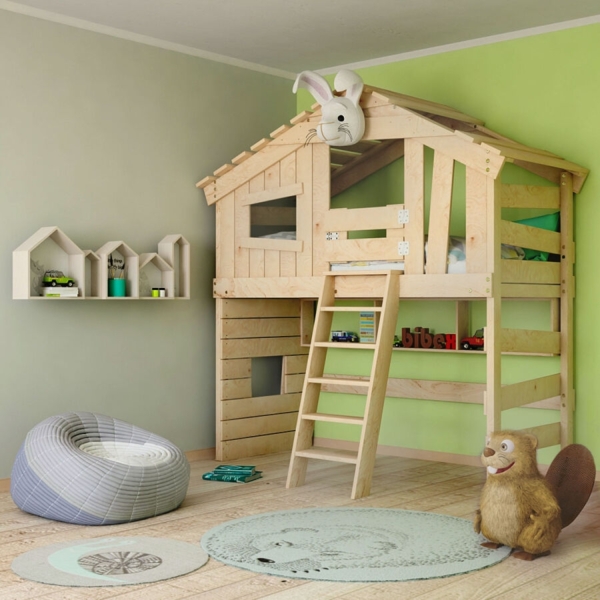 BIBEX ‘Alpin Chalet‘ Hochbett mit Regal und Türchen, massive Kiefer, naturbelassen, 90 x 200 cm