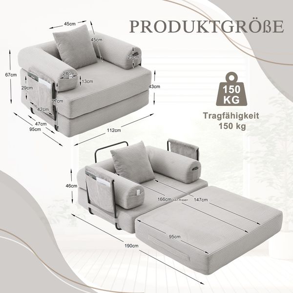 LVHOM 3-in-1 Schlafsessel, Klappsofa mit Schlaffunktion, Einzelschlafsofa mit Seitentaschen und Kissen, Polstersofa aus Cordstoff, frei Kombination, Hellgrau Bild 7