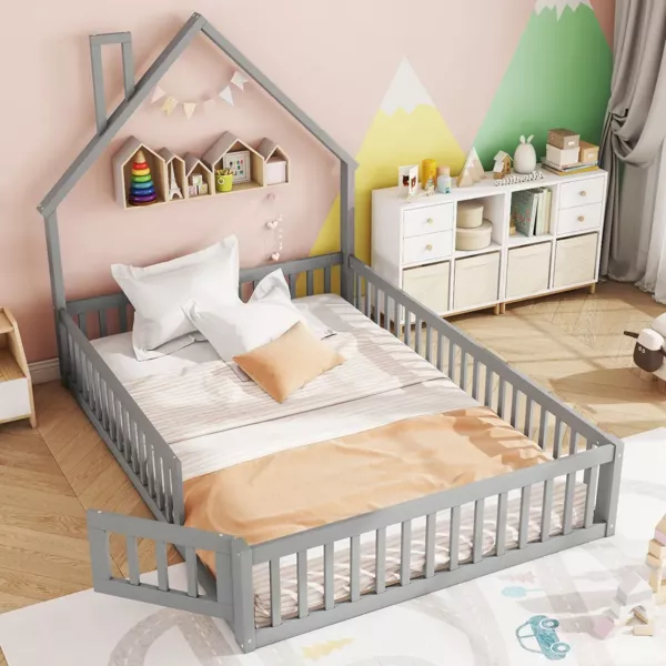Hausbett mit Lattenrost und Rausfallschutz, 140x200 cm, Kinderbett, Jugendbett, Kiefer