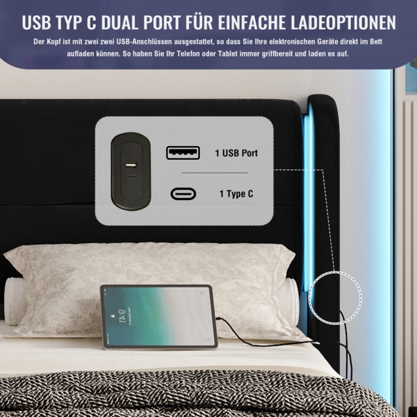 Polsterbett mit LED-Beleuchtung und 4 Schubladen 140x200 cm mit Kopfteil, USB-Dual-Anschlüssen,Schwarz Bild 6