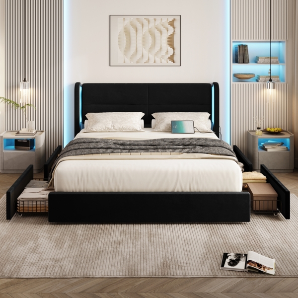 Polsterbett mit LED-Beleuchtung und 4 Schubladen 140x200 cm mit Kopfteil, USB-Dual-Anschlüssen,Schwarz Bild 3