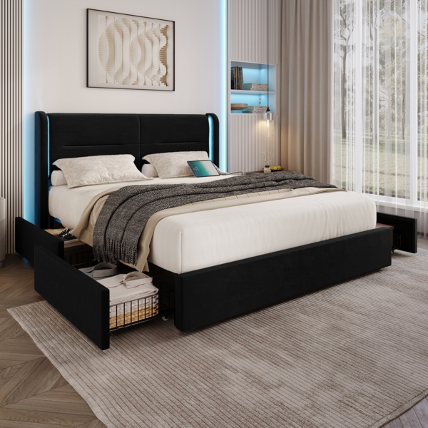 Polsterbett mit LED-Beleuchtung und 4 Schubladen 140x200 cm mit Kopfteil, USB-Dual-Anschlüssen,Schwarz Bild 2