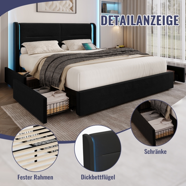 Polsterbett mit LED-Beleuchtung und 4 Schubladen 140x200 cm mit Kopfteil, USB-Dual-Anschlüssen,Schwarz Bild 5