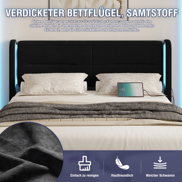 Polsterbett mit LED-Beleuchtung und 4 Schubladen 140x200 cm mit Kopfteil, USB-Dual-Anschlüssen,Schwarz Bild 7