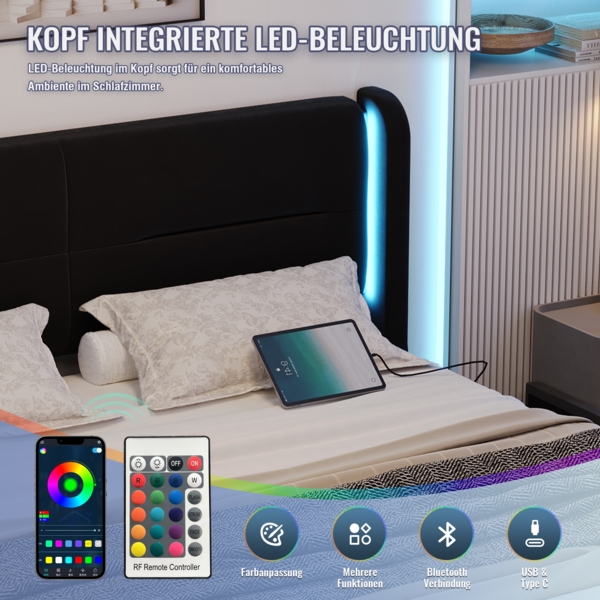 Polsterbett mit LED-Beleuchtung und 4 Schubladen 140x200 cm mit Kopfteil, USB-Dual-Anschlüssen,Schwarz Bild 4