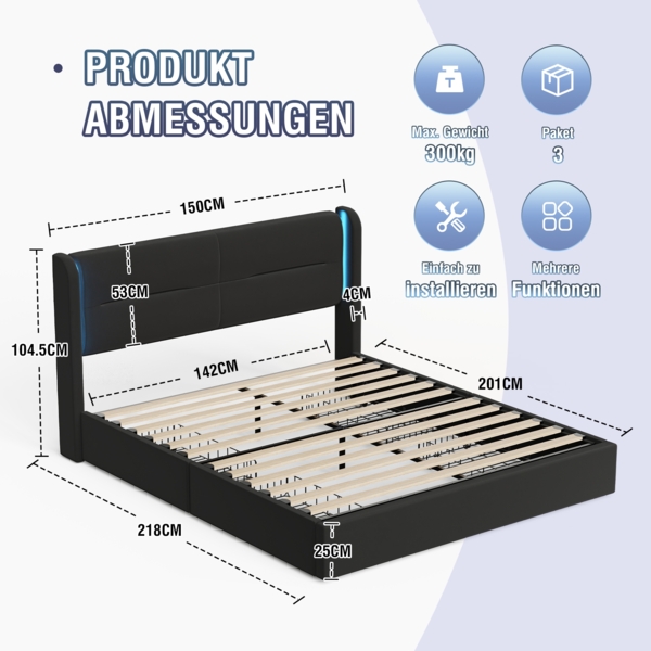 Polsterbett mit LED-Beleuchtung und 4 Schubladen 140x200 cm mit Kopfteil, USB-Dual-Anschlüssen,Schwarz Bild 9