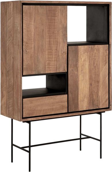 Bücherschrank Metropole Low aus Teakholz, modern massiv, natur, mit Klapptüren und Schublade