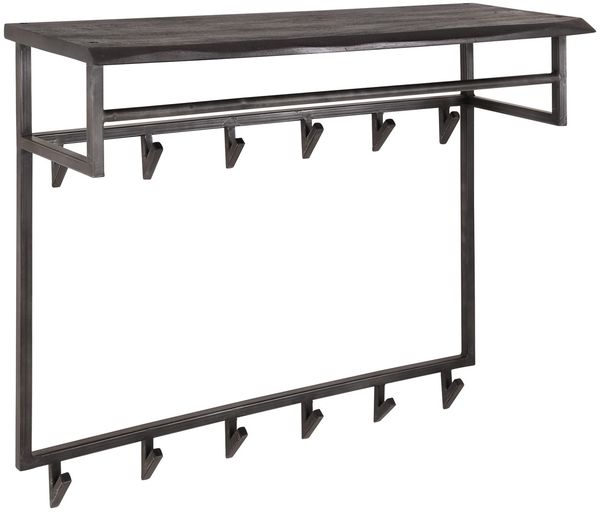 Garderobe Cheyuzi aus Akazie massiv, modern industriell, Schwarz, mit Hutablage und 12 Haken