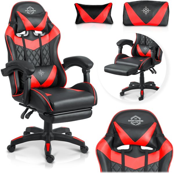 Sofotel Gaming Stuhl - Ergonomisch mit Fußstütze Bürostuhl - Lendenwirbelstütze und Nackenkissen - Verstellbar - Wippfunktion - Schwarz Rot Draknor II